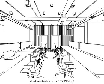 interior outline sketch drawing perspective of a space office