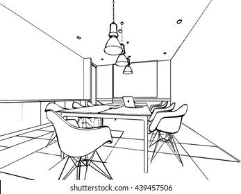 interior outline sketch drawing perspective of a space office