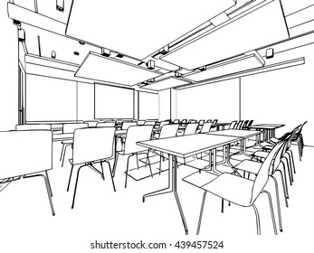 interior outline sketch drawing perspective of a space office