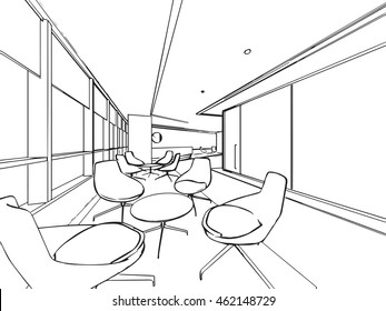 interior outline sketch drawing perspective of a space office