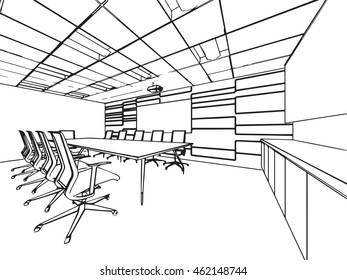 interior outline sketch drawing perspective of a space office