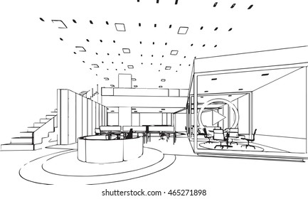 interior outline sketch drawing perspective of a space office
