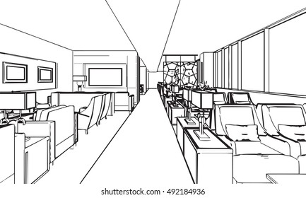 interior outline sketch drawing perspective of a space office