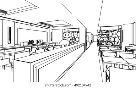 interior outline sketch drawing perspective of a space office