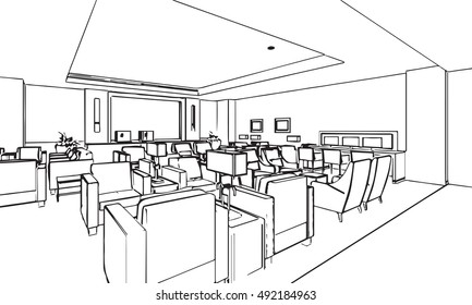 interior outline sketch drawing perspective of a space office