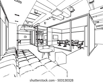 interior outline sketch drawing perspective of a space office