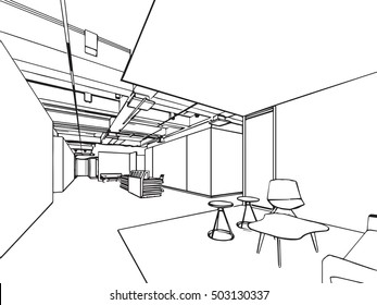 interior outline sketch drawing perspective of a space office