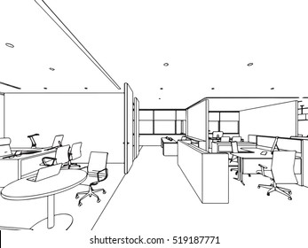 Interior Outline Sketch Drawing Perspective Of A Space Office