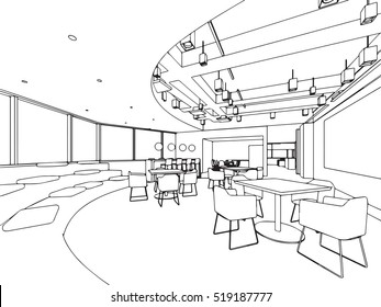 interior outline sketch drawing perspective of a space office