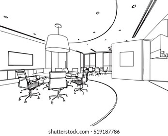 interior outline sketch drawing perspective of a space office