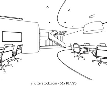 interior outline sketch drawing perspective of a space office