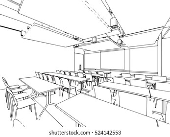 interior outline sketch drawing perspective of a space office