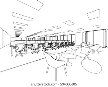 interior outline sketch drawing perspective of a space office