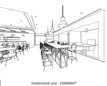 interior outline sketch drawing perspective of a space office