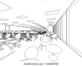 interior outline sketch drawing perspective of a space office
