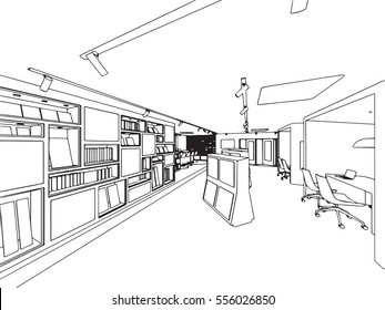 interior outline sketch drawing perspective of showroom 