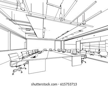 interior outline sketch drawing perspective of a space office