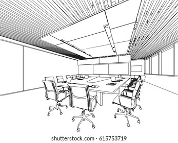 interior outline sketch drawing perspective of a space office