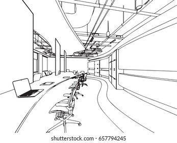 interior outline sketch drawing perspective of a space office