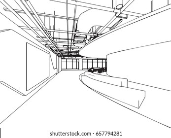 interior outline sketch drawing perspective of a space office