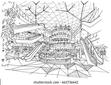 Interior outline sketch drawing perspective of a space,Hall department store