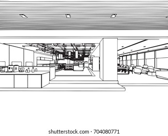 interior outline sketch drawing perspective of a space office