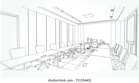 perspectiva de dibujo de esquema interior de una oficina espacial.Lugares de trabajo . Mesas, sillas y ventanas. Ilustración vectorial en un estilo de esbozo.