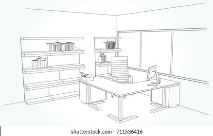 interior outline sketch drawing perspective of a space office.Workplaces . Tables, chairs and windows. Vector illustration in a sketch style.