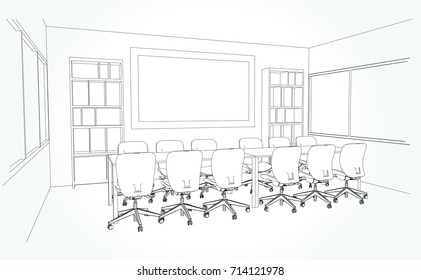 interior outline sketch drawing perspective of a space office.Workplaces . Tables, chairs and windows. Vector illustration in a sketch style.