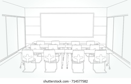 interior outline sketch drawing perspective of a space office.Workplaces . Tables, chairs and windows. Vector illustration in a sketch style.