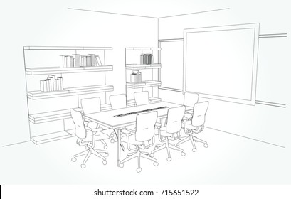 interior outline sketch drawing perspective of a space office.Workplaces . Tables, chairs and windows. Vector illustration in a sketch style.