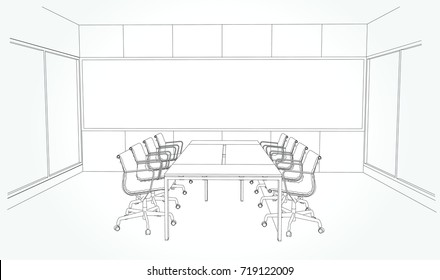 interior outline sketch drawing perspective of a space office.Workplaces . Tables, chairs and windows. Vector illustration in a sketch style.