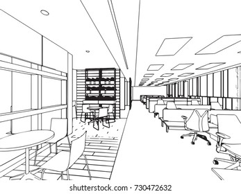 interior outline sketch drawing perspective of a space office