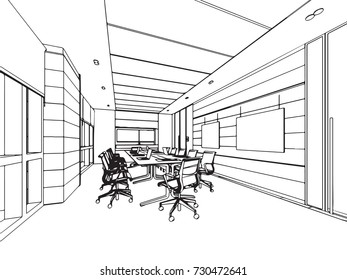 interior outline sketch drawing perspective of a space office