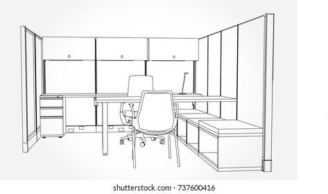 interior outline sketch drawing perspective of a space office.Workplaces . Tables, chairs and windows. Vector illustration in a sketch style.