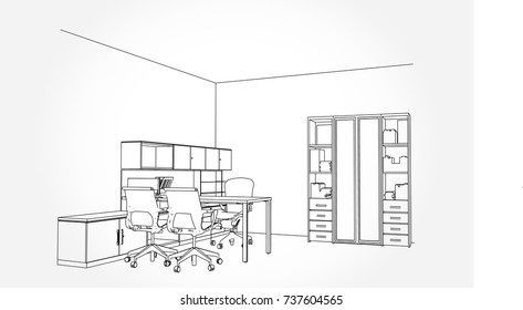 interior outline sketch drawing perspective of a space office.Workplaces . Tables, chairs and windows. Vector illustration in a sketch style.