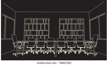 interior outline sketch drawing perspective of a space office.Workplaces . Tables, chairs . Vector illustration in a sketch style.