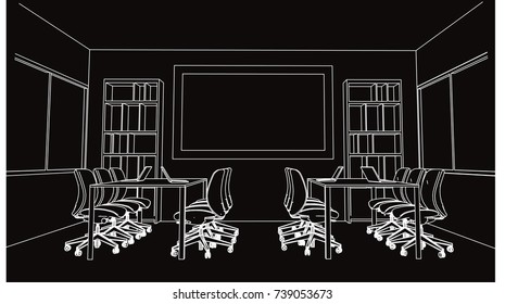interior outline sketch drawing perspective of a space office.Workplaces . Tables, chairs . Vector illustration in a sketch style.