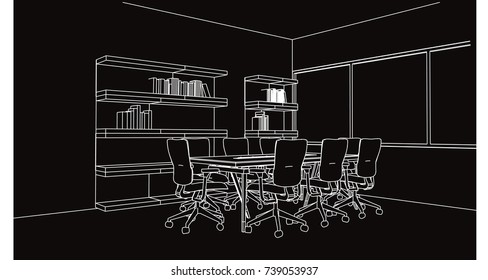 interior outline sketch drawing perspective of a space office.Workplaces . Tables, chairs . Vector illustration in a sketch style.