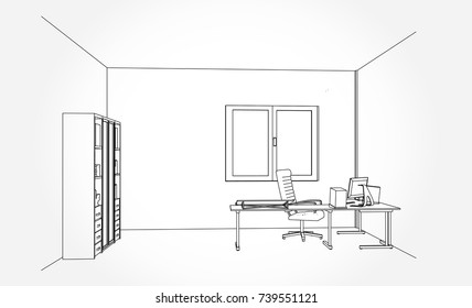 interior outline sketch drawing perspective of a space office.Workplaces . Tables, chairs and windows. Vector illustration in a sketch style.