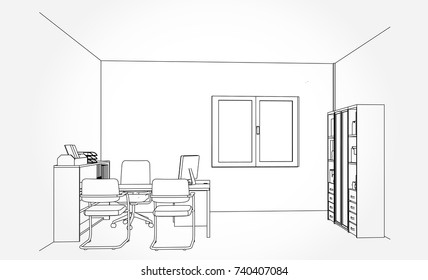 interior outline sketch drawing perspective of a space office.Workplaces . Tables, chairs and windows. Vector illustration in a sketch style.
