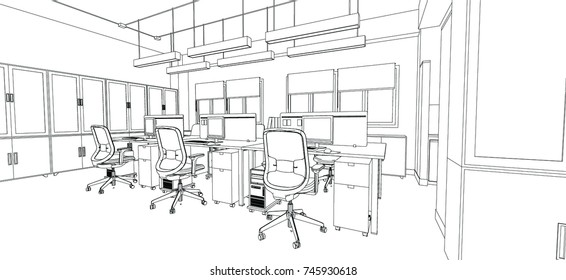 interior outline sketch drawing perspective of a space office.Workplaces . Tables, chairs and windows. Vector illustration in a sketch style.