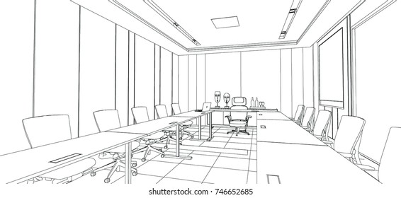 interior outline sketch drawing perspective of a space office.Workplaces . Tables, chairs and windows. Vector illustration in a sketch style.