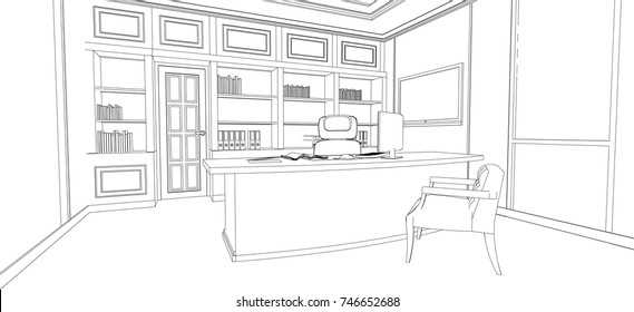 interior outline sketch drawing perspective of a space office.Workplaces . Tables, chairs and windows. Vector illustration in a sketch style.