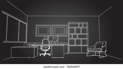 interior outline sketch drawing perspective of a space office.Workplaces . Tables, chairs and windows. Vector illustration in a sketch style.