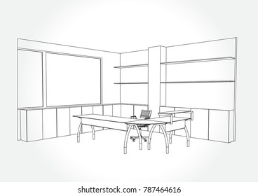 esbozo interior dibujar perspectiva de una oficina espacial.Lugares de trabajo . Mesas, sillas y ventanas. Ilustración vectorial en un estilo de boceto.