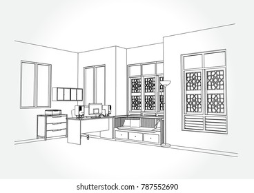 interior outline sketch drawing perspective of a space office.Workplaces . Tables, chairs and windows. Vector illustration in a sketch style.
