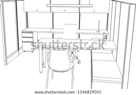 interior outline sketch drawing perspective of a space office.Workplaces . Tables, chairs and windows. Vector illustration in a sketch style.