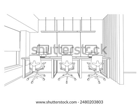 interior outline sketch drawing perspective of a space office or studio