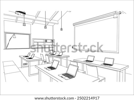 interior outline sketch drawing perspective of a class room